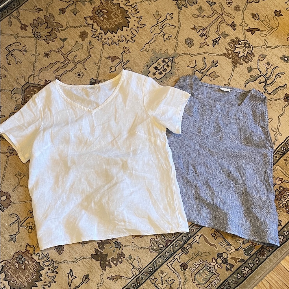 Women’s White and Blue Linen Tops - set of two by Old Linen Mill and by Naïf